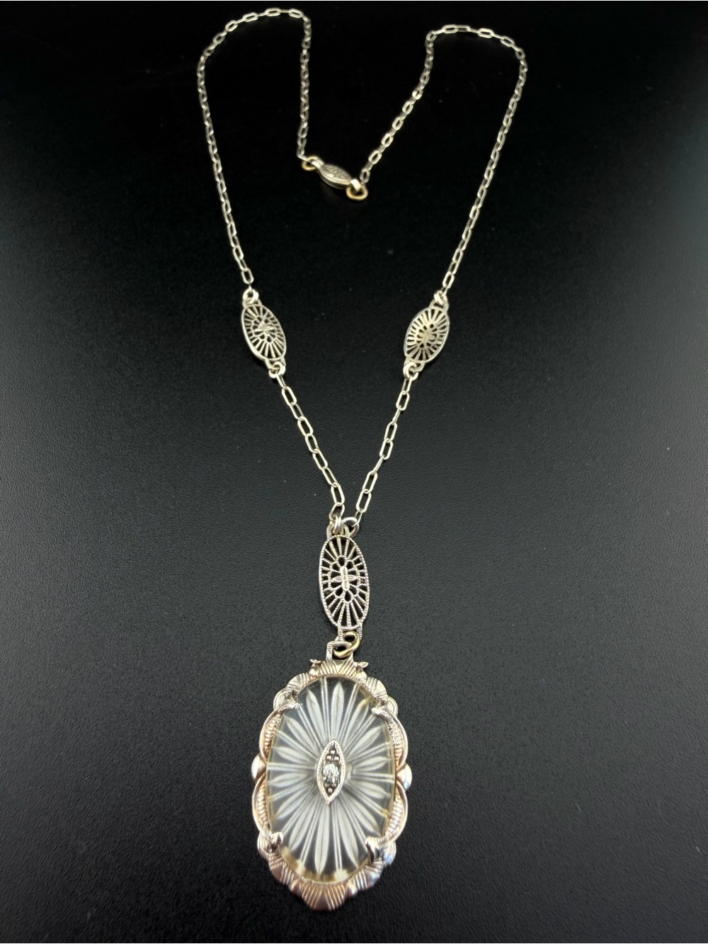 Rare Art Deco Sterling Silver Camphor Glass Filigree Necklace 108 years old!